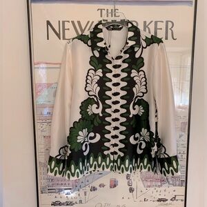 NWT Zara cream blouse with side slits black and green floral design size S